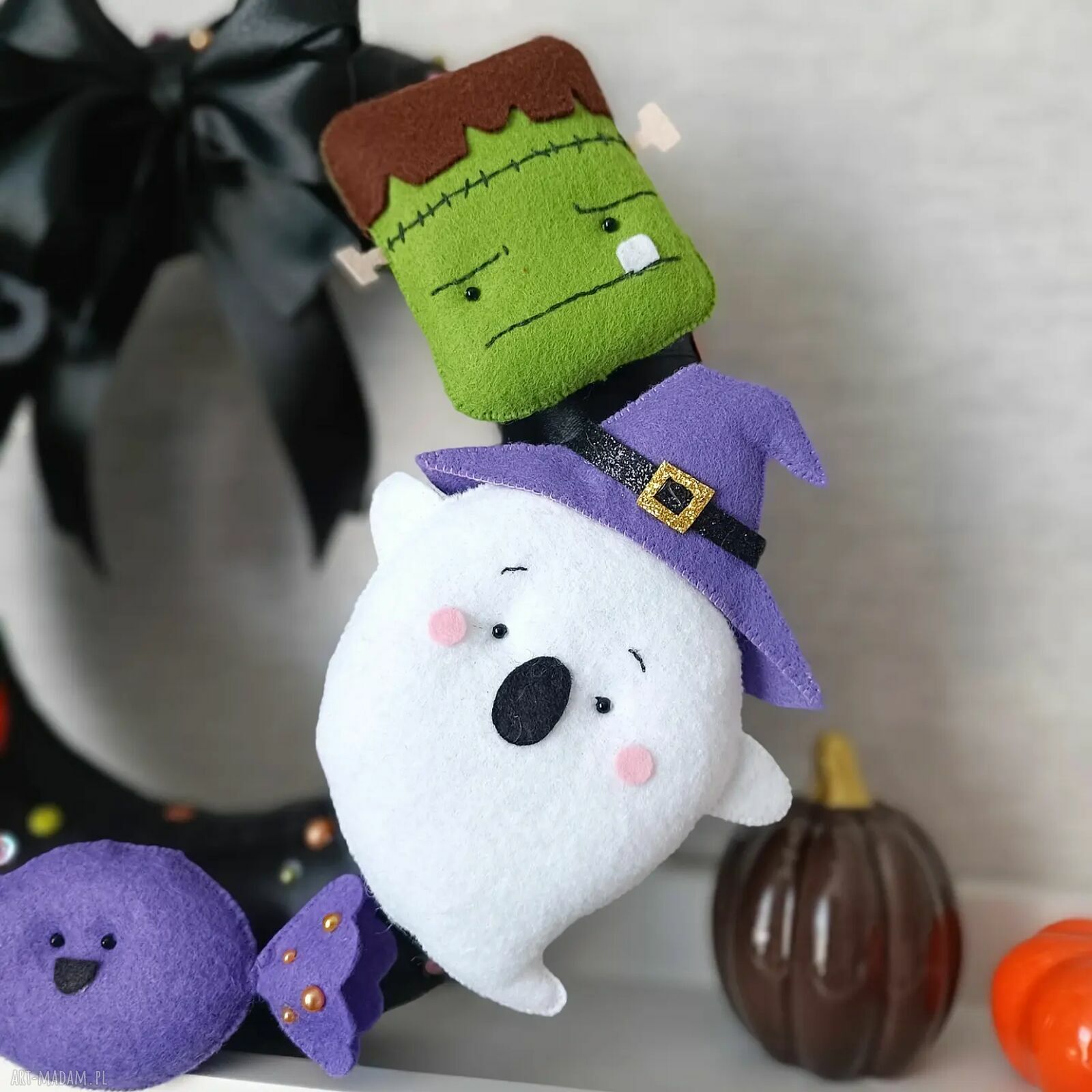 Straszny wianek na Halloween z dynią i duchem (Frankenstein) - ręcznie robiona dekoracja na drzwi