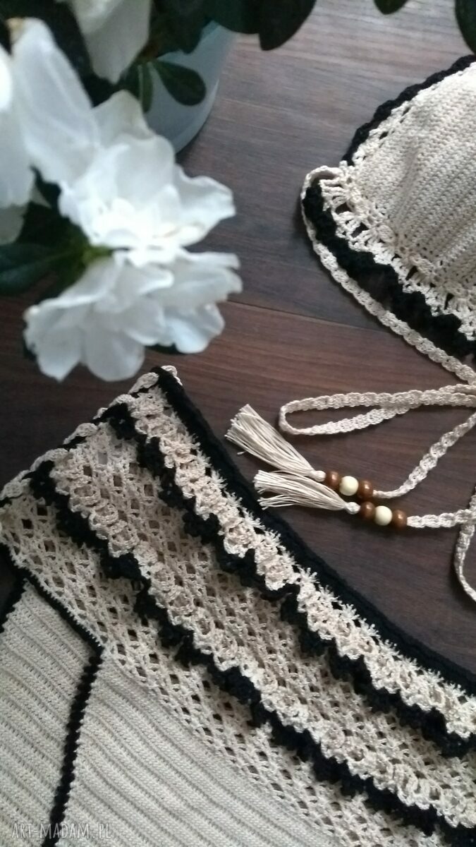 Strój kąpielowy ZANZIBAR - beżowe bikini boho szydełkowe z falbankami
