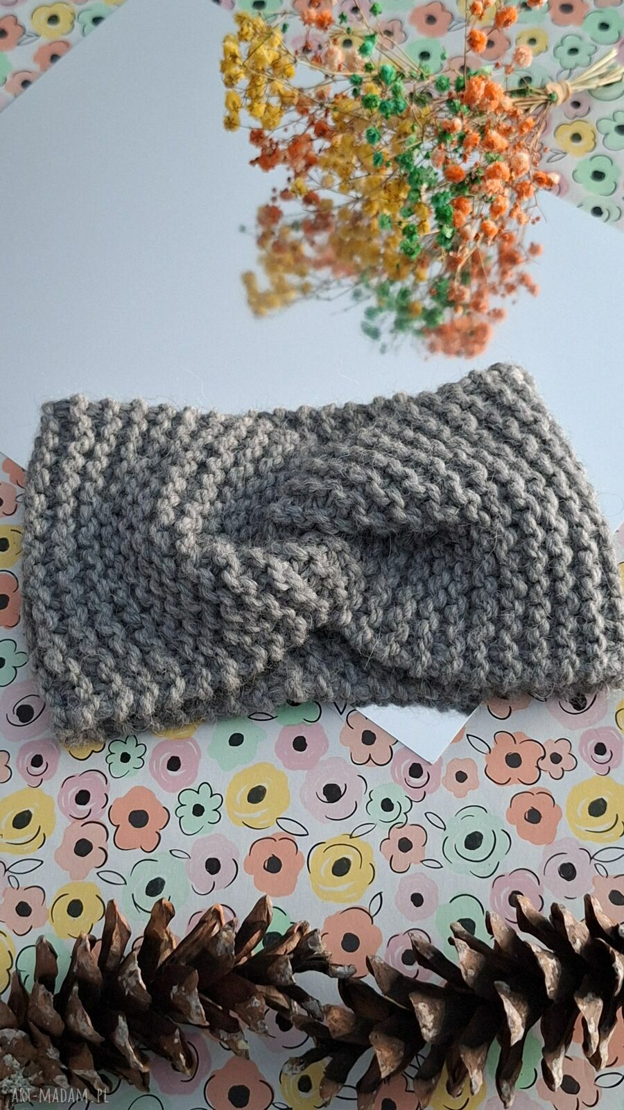 Ręcznie robiona opaska turban twist szaro-turkusowa z wełny i alpaki