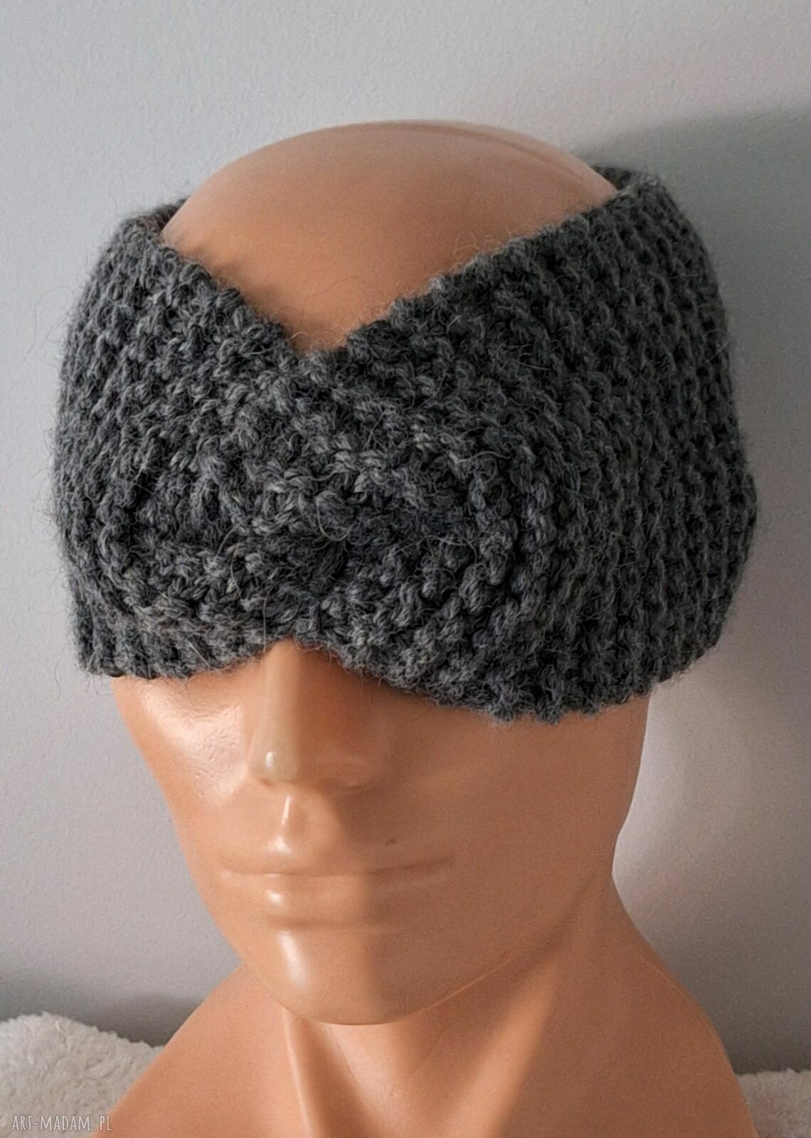 Ciemnoszara opaska turban twist na drutach - 65% wełna i 35% alpaka
