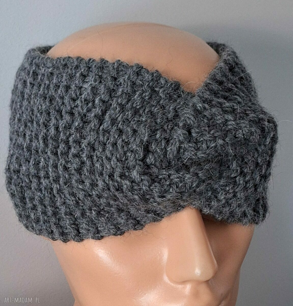 Ciemnoszara opaska turban twist na drutach - 65% wełna i 35% alpaka