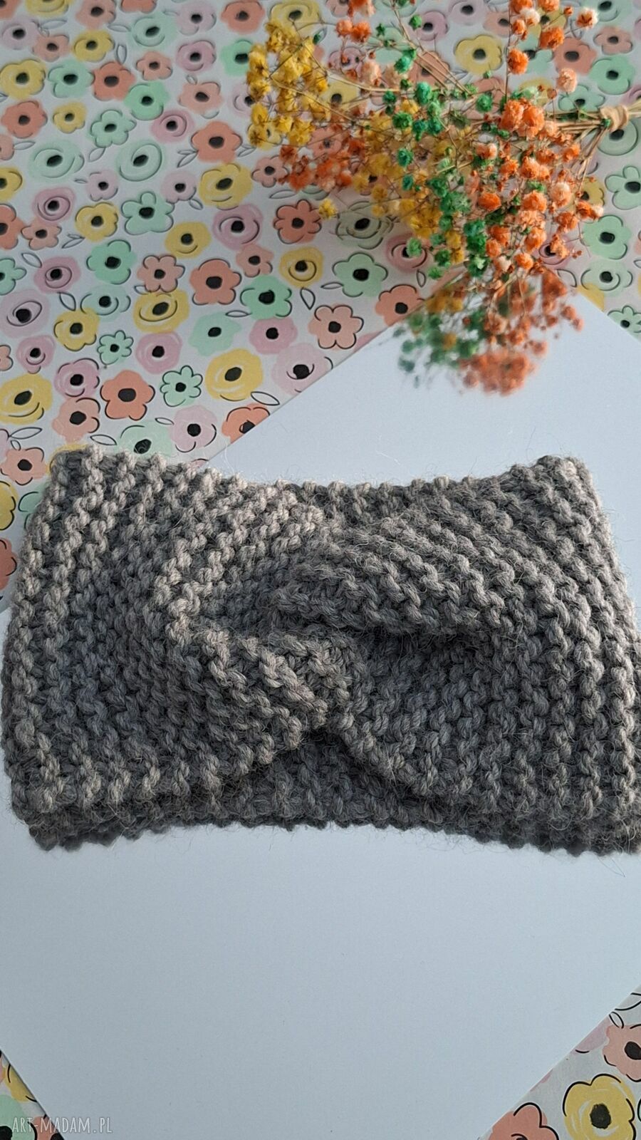Ręcznie robiona opaska turban twist szaro-turkusowa z wełny i alpaki