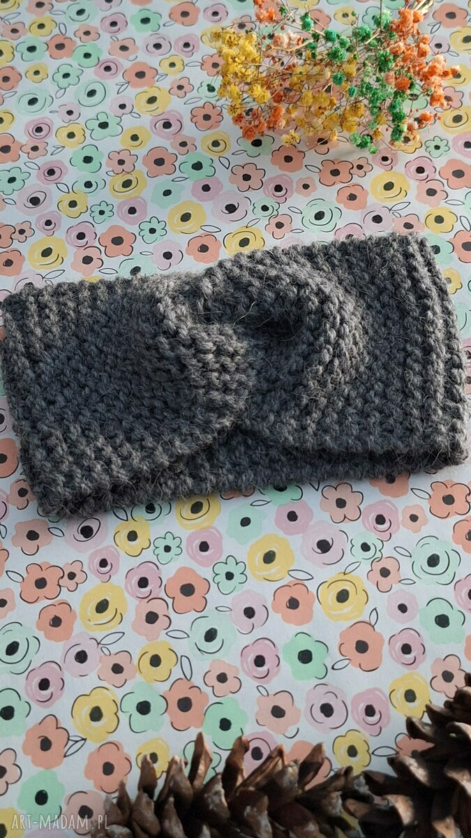 Ciemnoszara opaska turban twist na drutach - 65% wełna i 35% alpaka