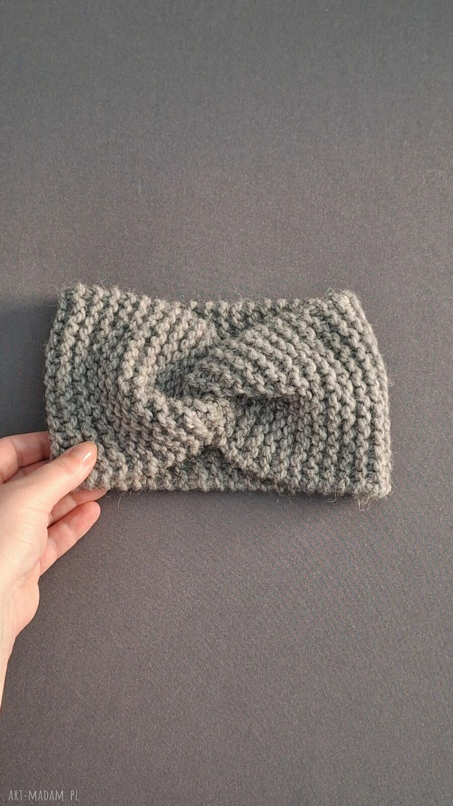 Ręcznie robiona opaska turban twist szaro-turkusowa z wełny i alpaki