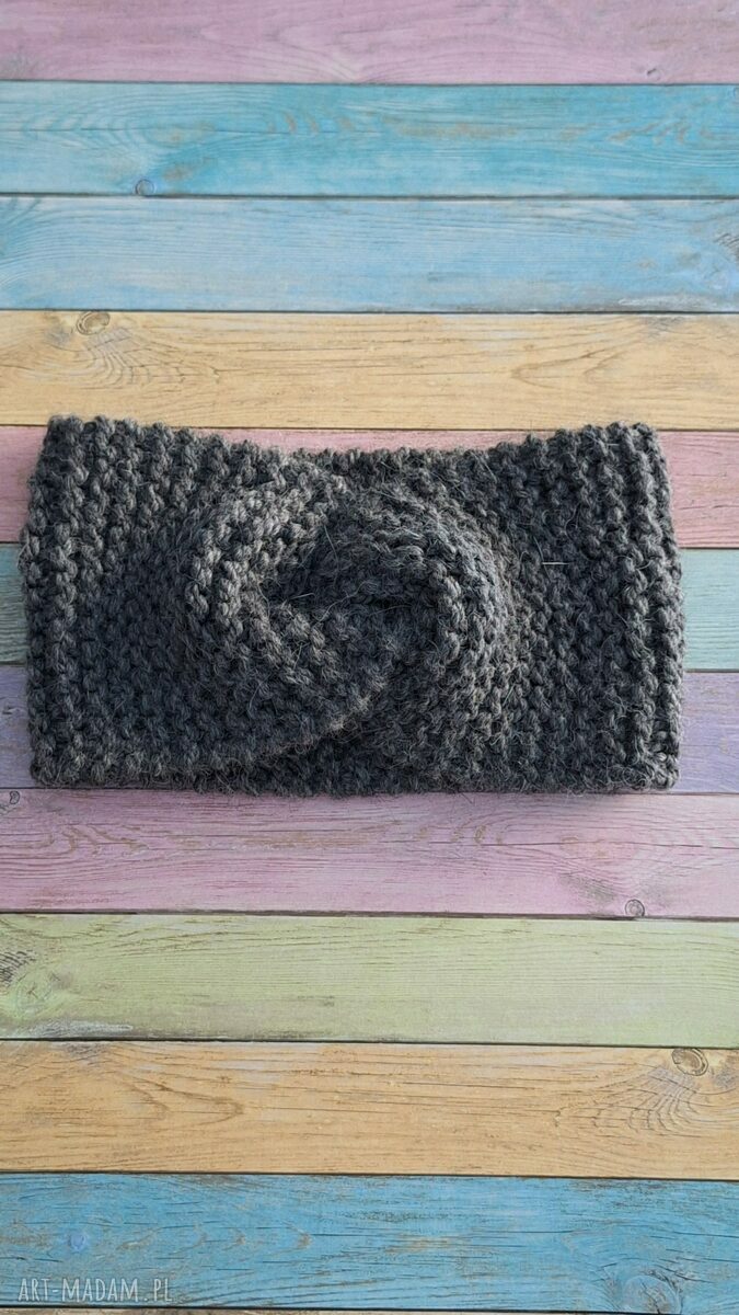 Ciemnoszara opaska turban twist na drutach - 65% wełna i 35% alpaka