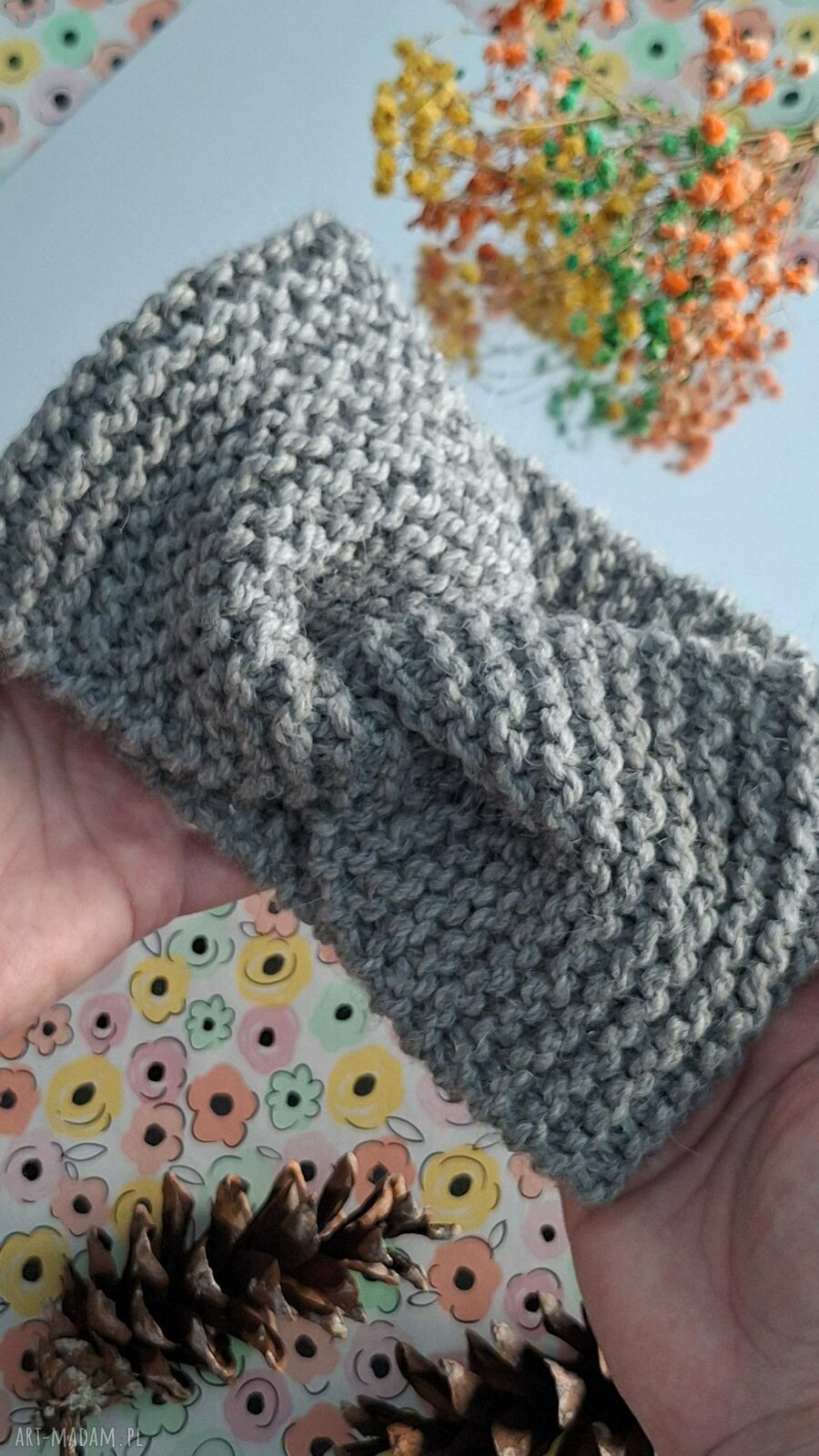 Ręcznie robiona opaska turban twist szaro-turkusowa z wełny i alpaki