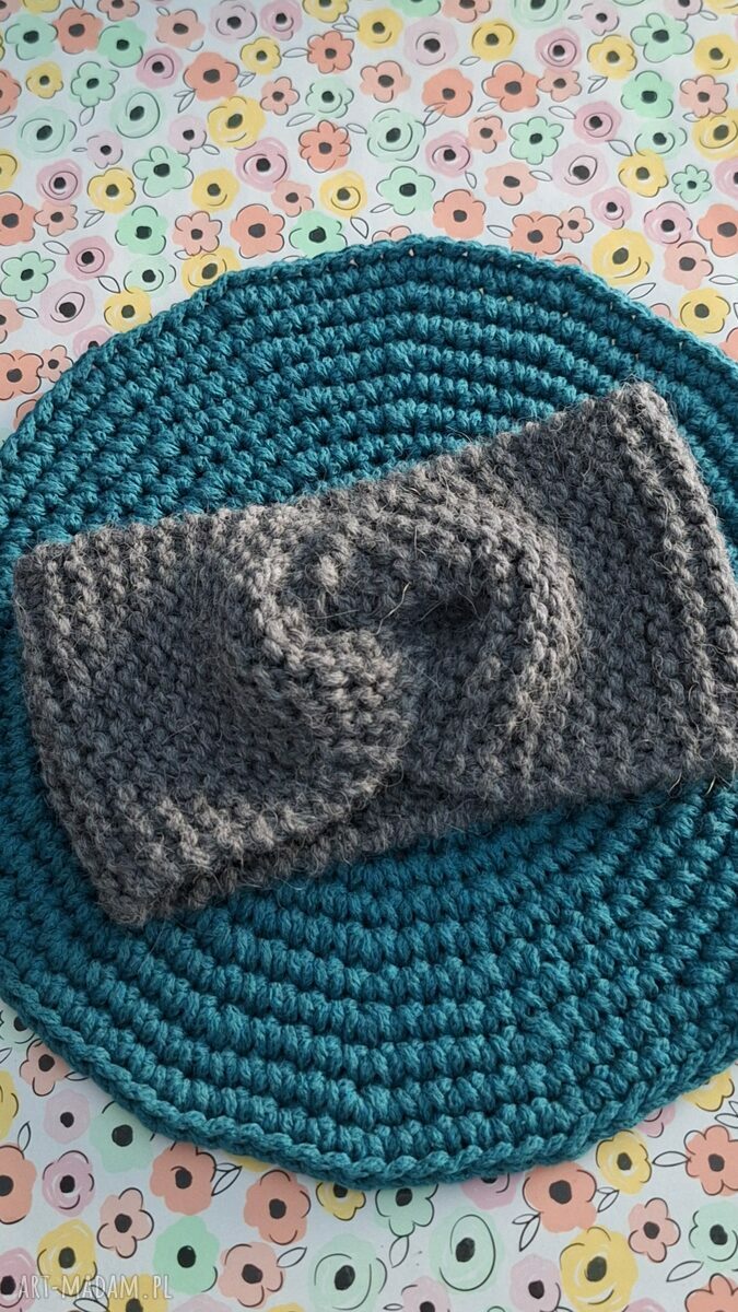 Ciemnoszara opaska turban twist na drutach - 65% wełna i 35% alpaka