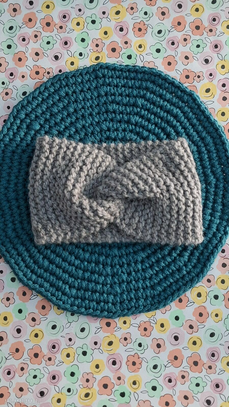 Ręcznie robiona opaska turban twist szaro-turkusowa z wełny i alpaki