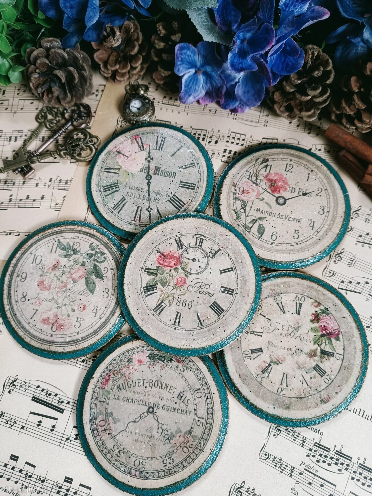 Stylowe podkładki pod kubki Zegary Vintage - komplet 6 sztuk