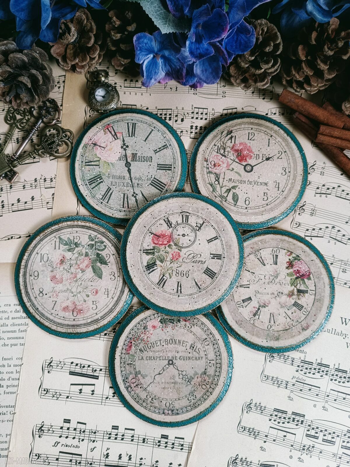 Stylowe podkładki pod kubki Zegary Vintage - komplet 6 sztuk
