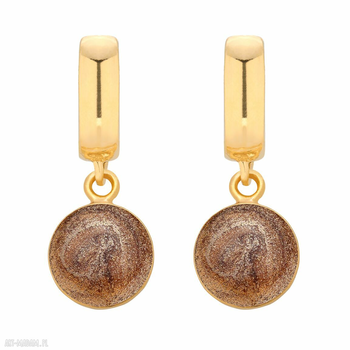 Złote kolczyki brązową wiszące okrągłe żywica elegancki