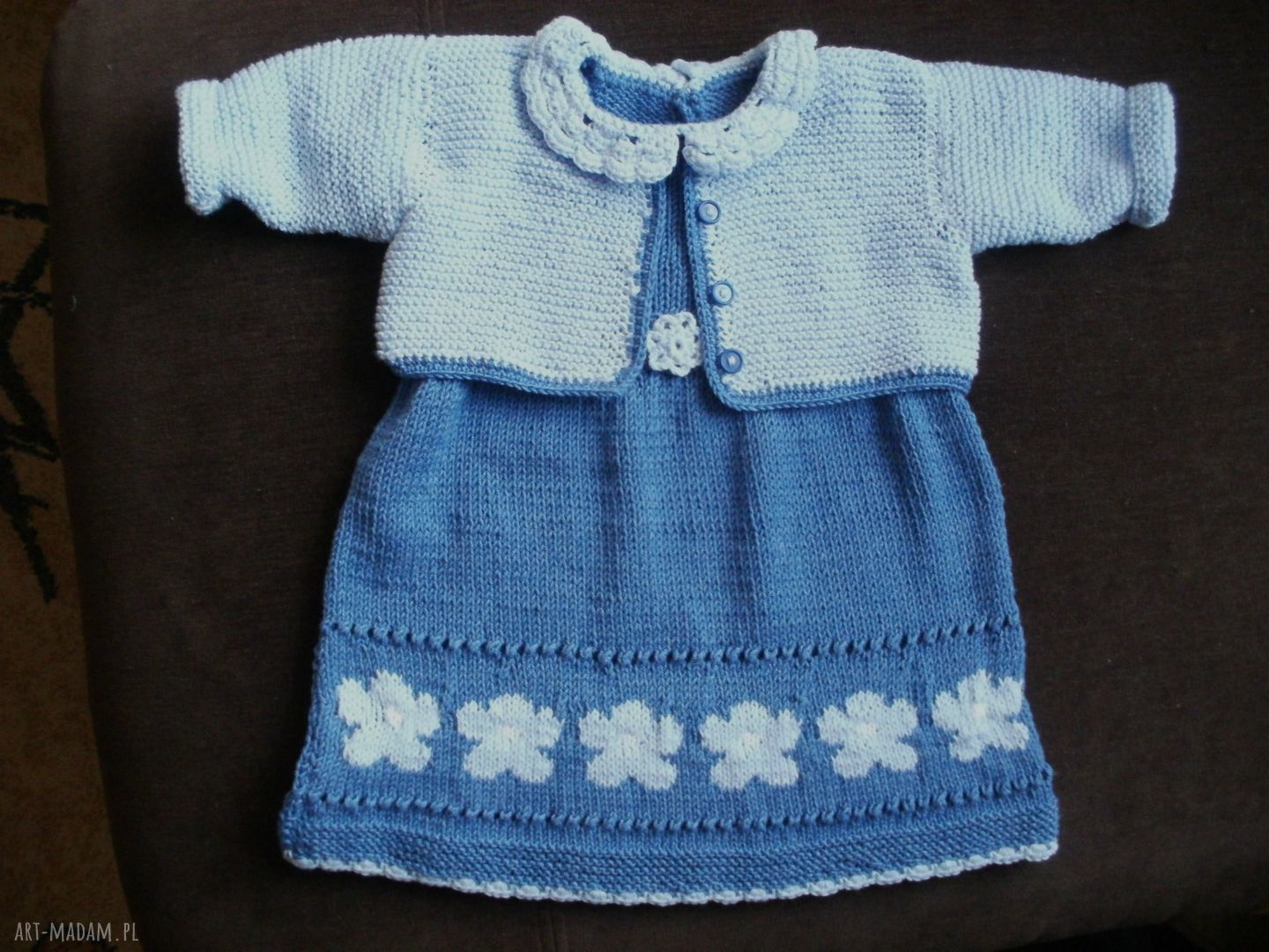Handmade komplet dla dziewczynki: sukieneczka z bawełny 74/80 “Dżinsowe kwiatki” + sweterek