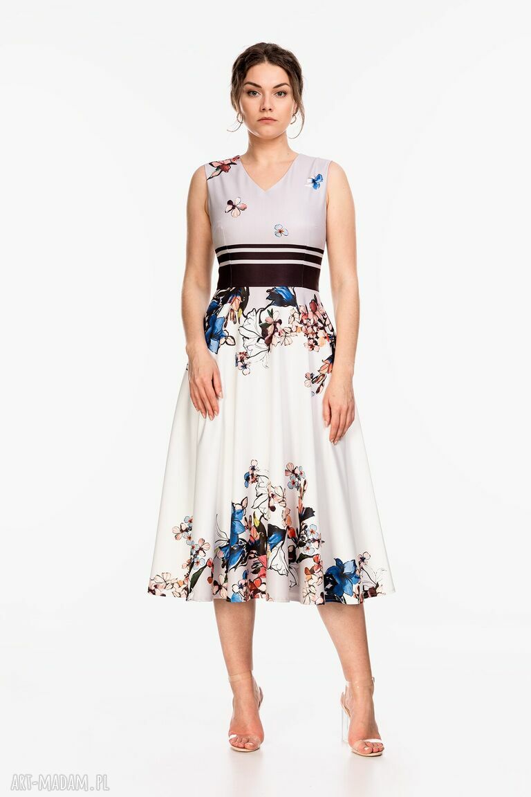Sukienka 10/SS/2023 - koktajlowa midi w pasy i kwiaty