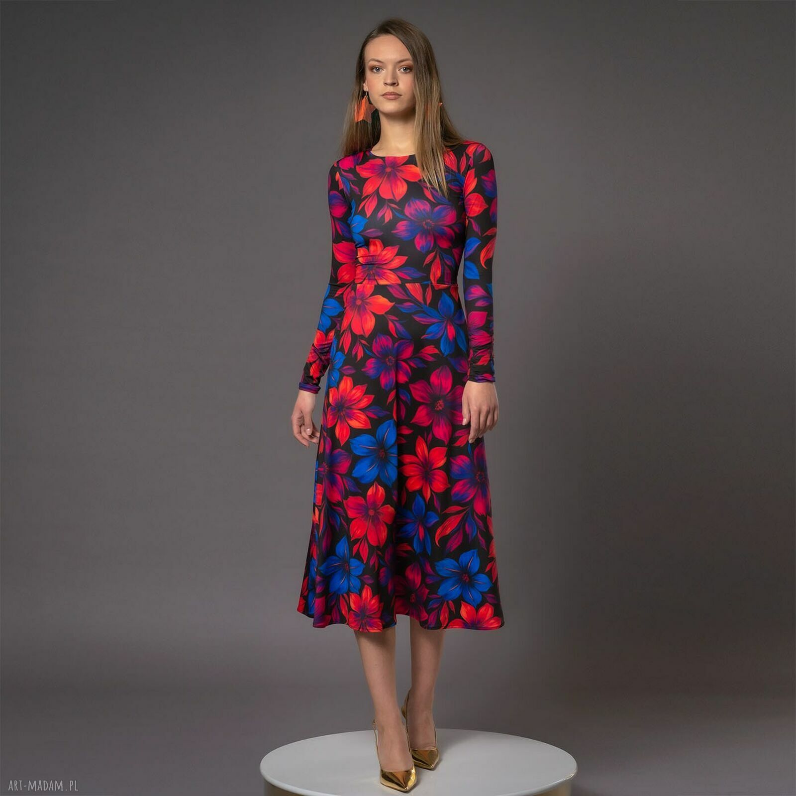 Sukienka basic Sara Flower Power - sukienka w kwiaty 7/8 z kieszeniami