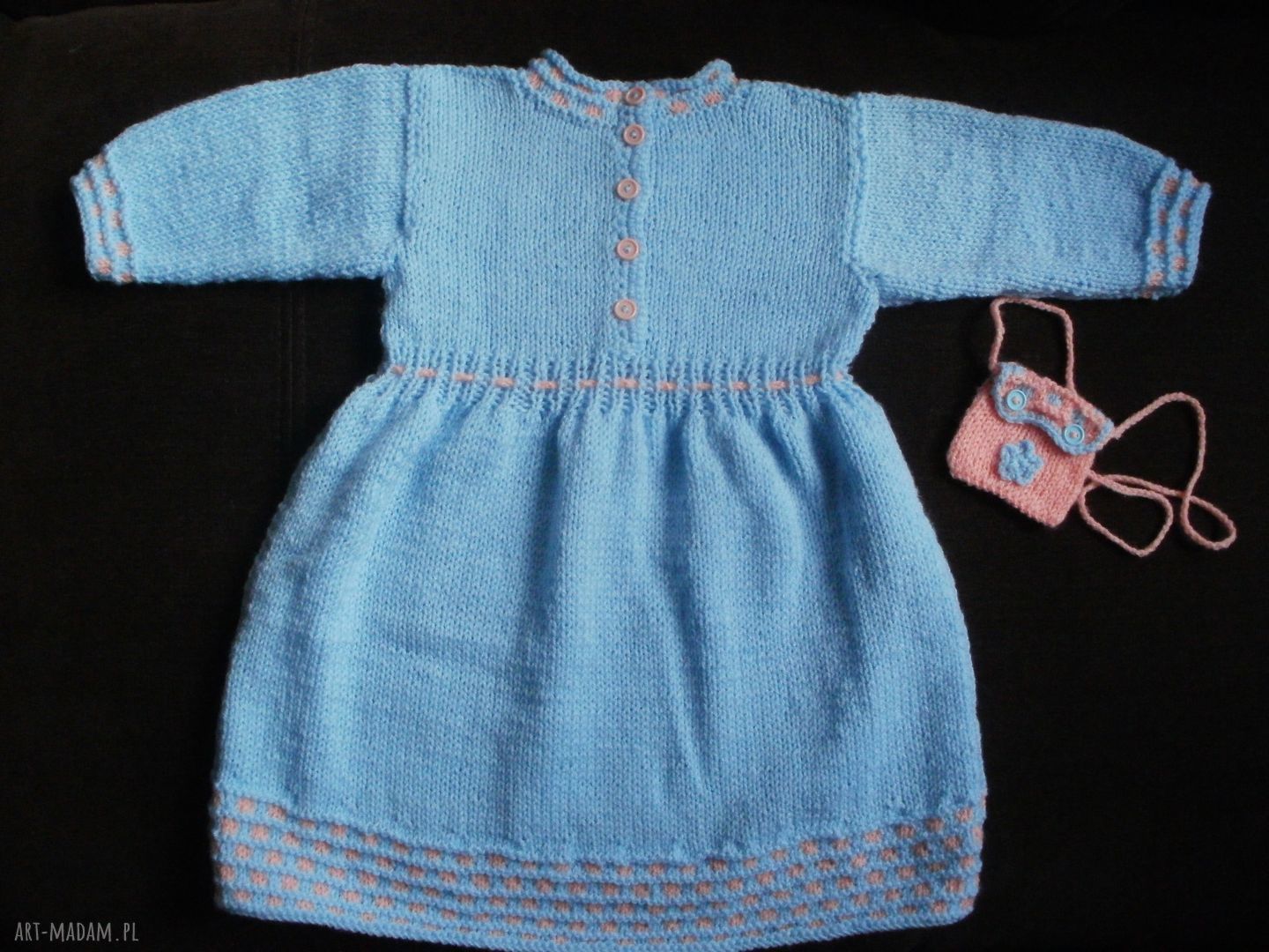 Błękitna sukienka handmade z torebeczką (roz. 80/86)