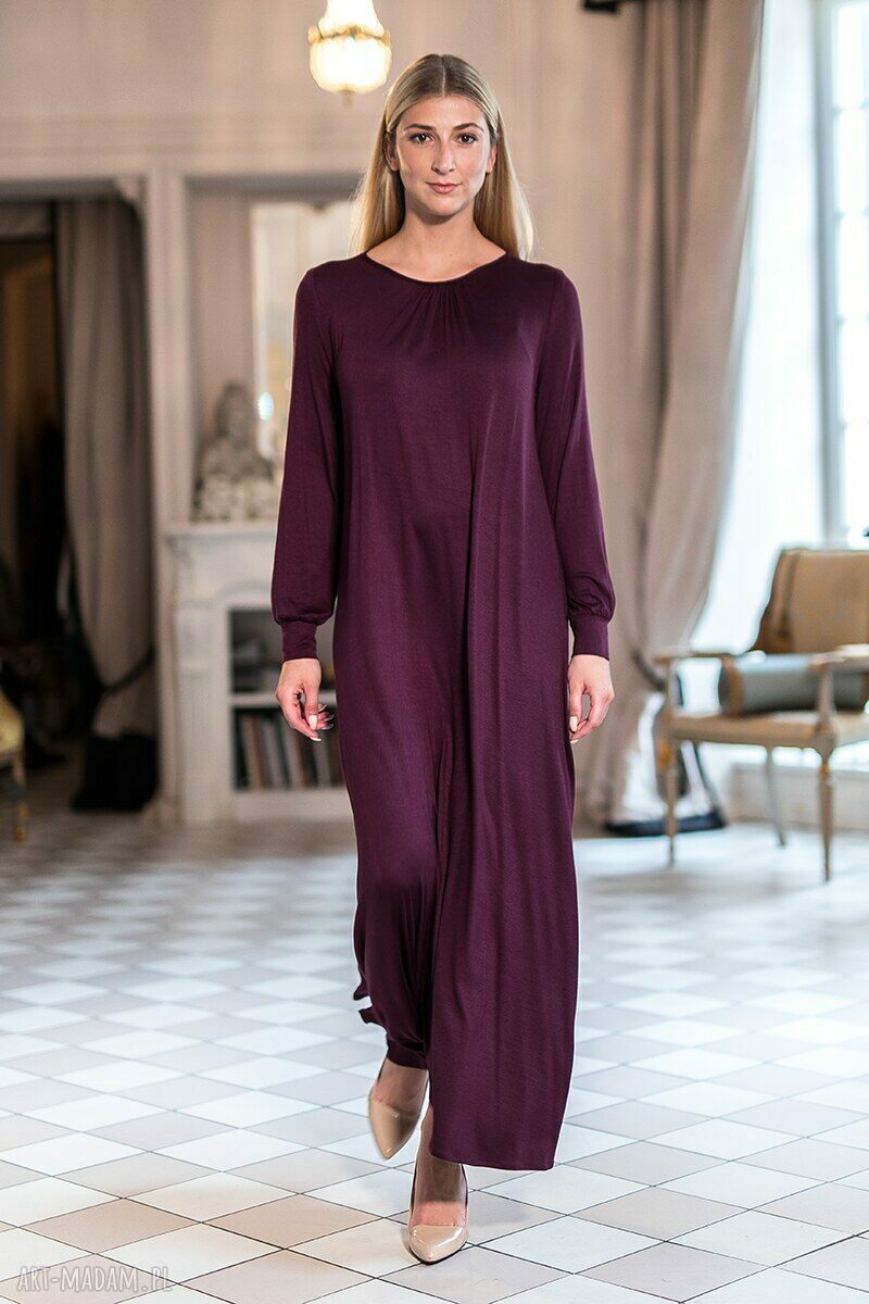 Sukienka Bridgit maxi w ciemnym fiolecie - wiskozowa dzianina oversize z drapowanym dekoltem