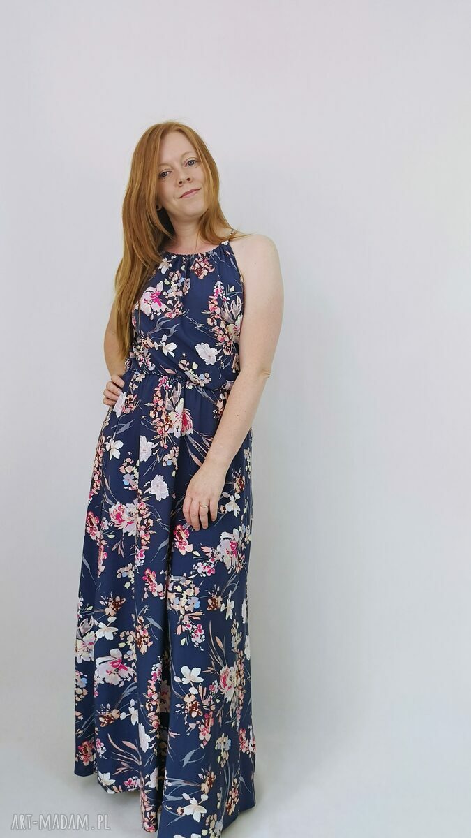 Sukienka letnia Summer w kwiaty granatowa maxi z wiskozy 100%
