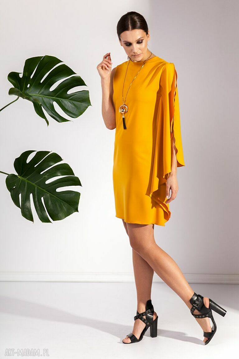 Sukienka folami asymetryczna musztardowa oryginalna stylowa