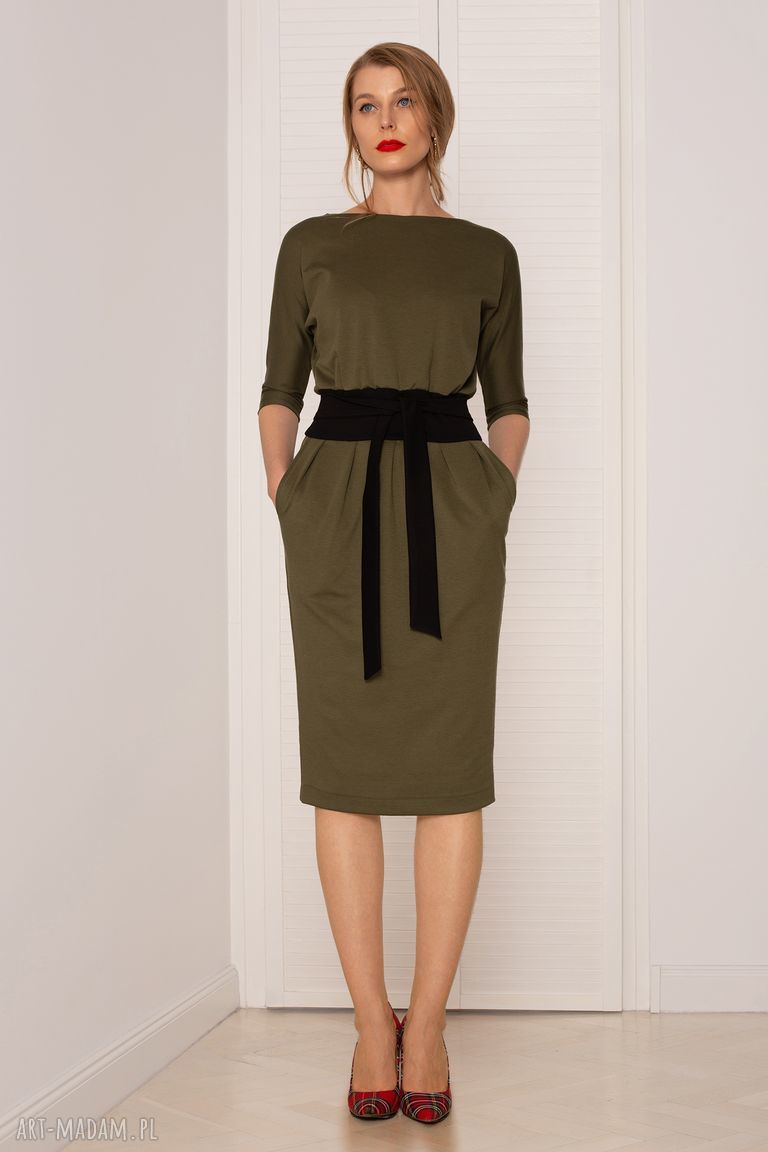 Sukienka mono khaki ciemny - dopasowana elegancka z kieszeniami