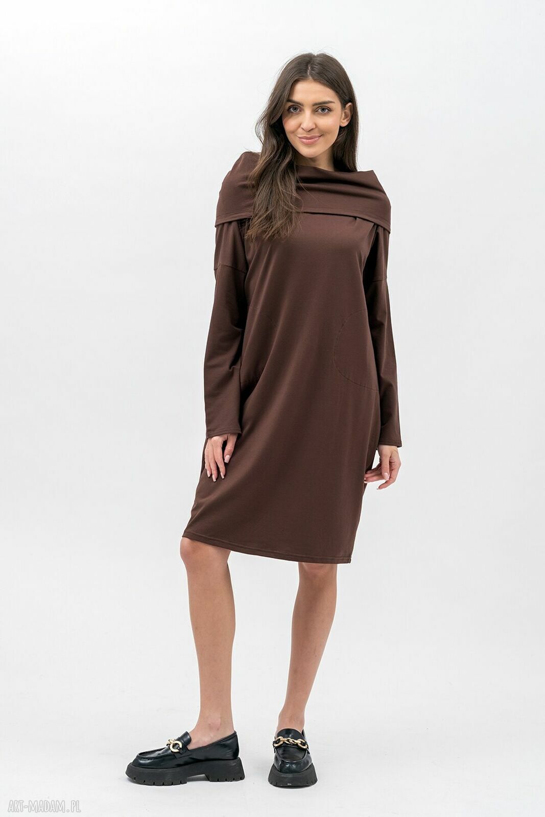 Sukienka Nana Czekolada z kominem 3w1 - boho oversize z kieszeniami