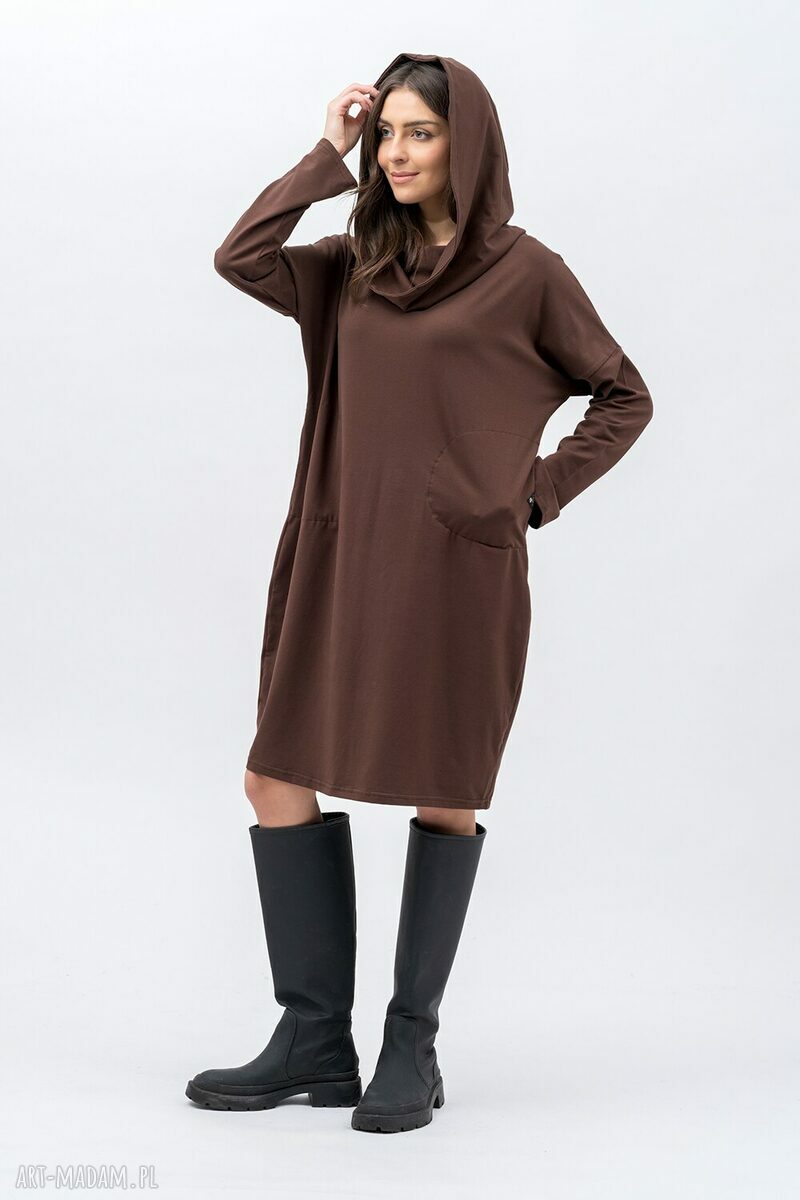 Sukienka Nana Czekolada z kominem 3w1 - boho oversize z kieszeniami