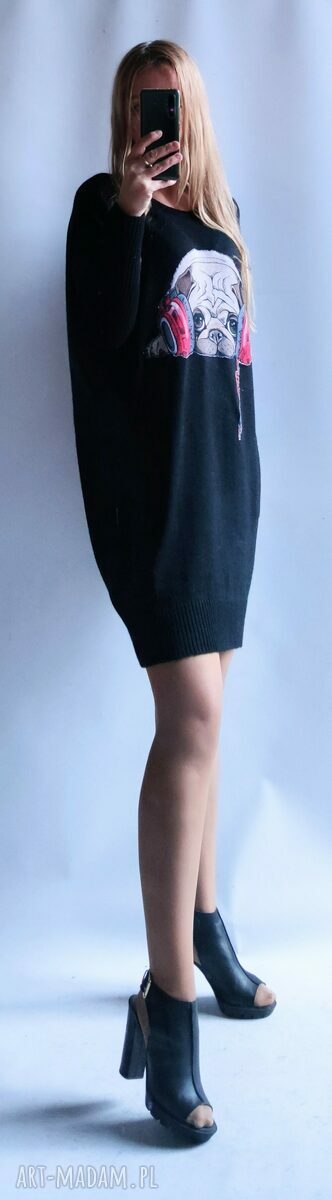 Czarna sukienka oversize z aplikacją i kieszeniami - handmade Bellafeltro
