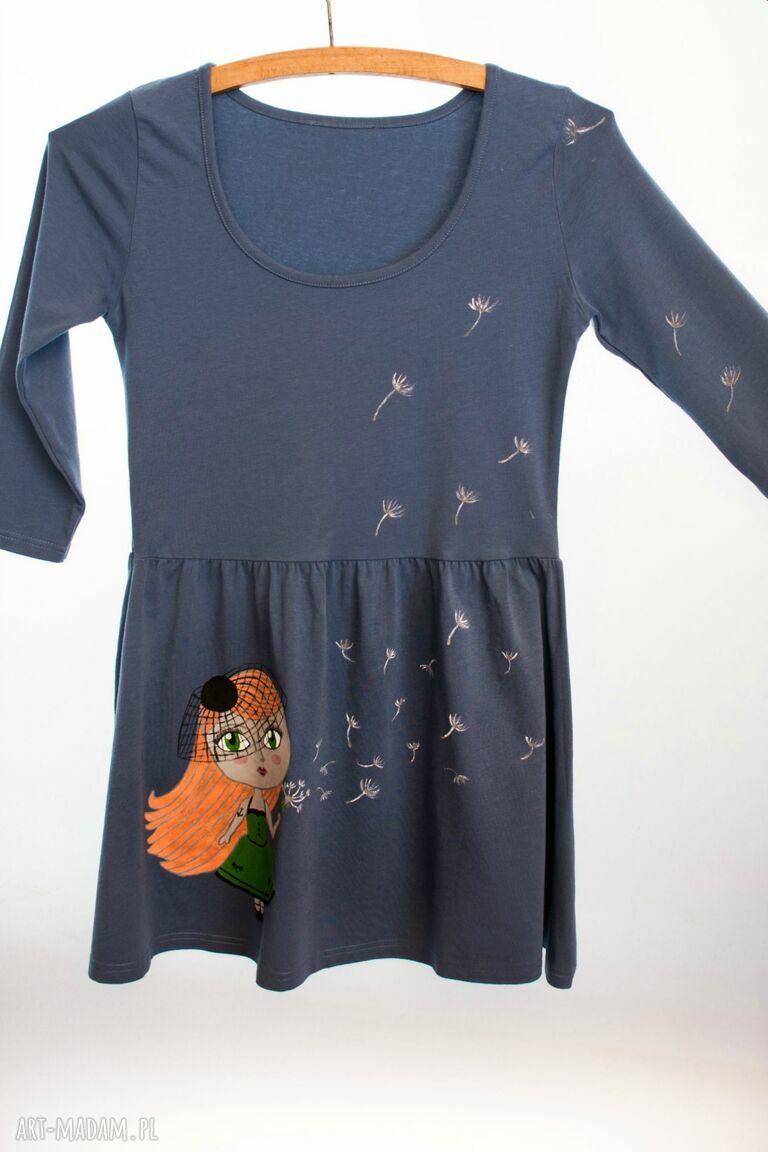 Sukienka ręcznie malowana mini. Girl in Green z dmuchawcem