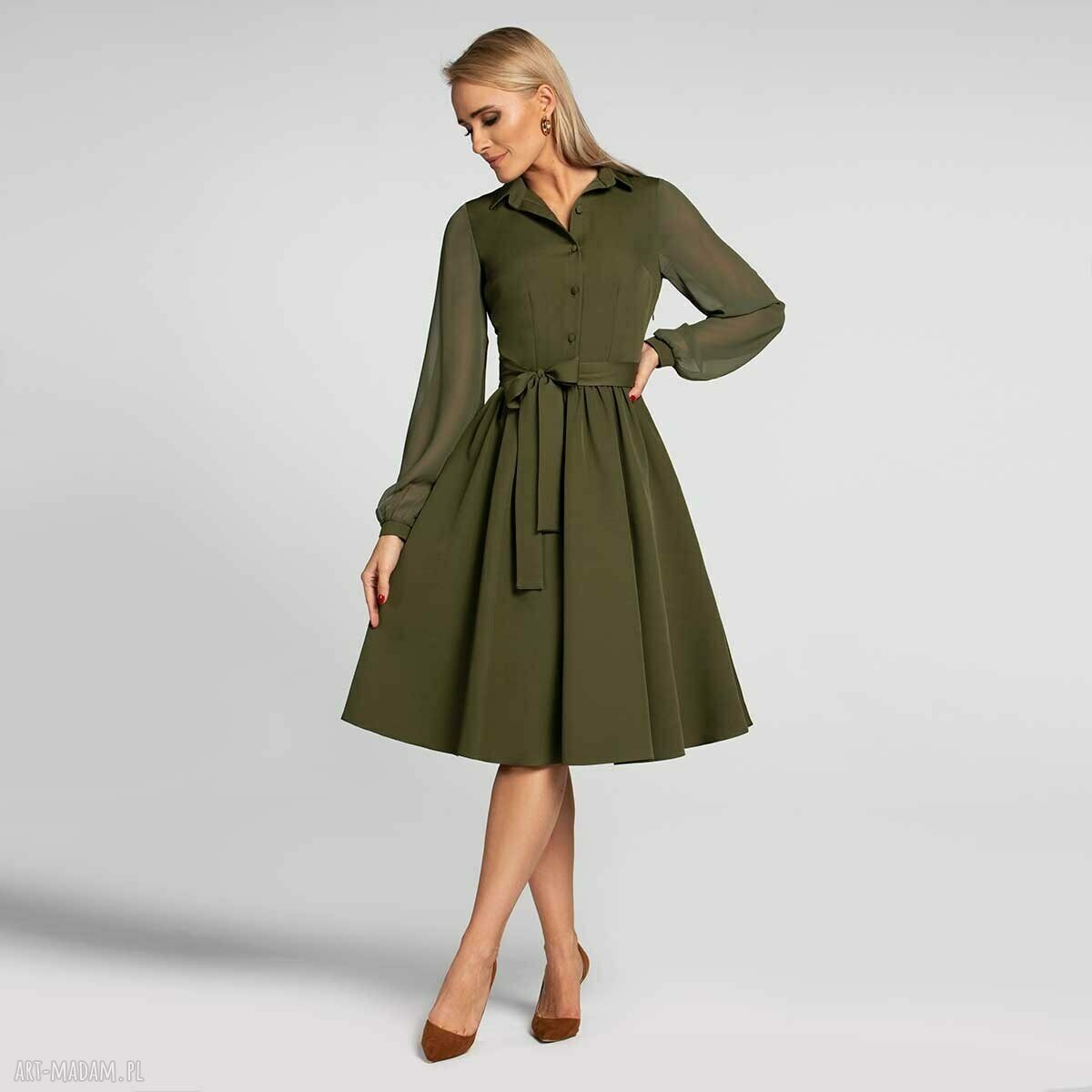 Sukienka regina midi khaki rozkloszowana kołnierzykiem góra