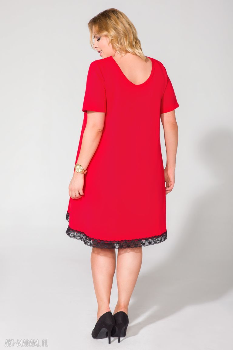 Sukienka Tessita T107 Czerwona PLUS SIZE - trapezowa z koronką i kieszeniami
