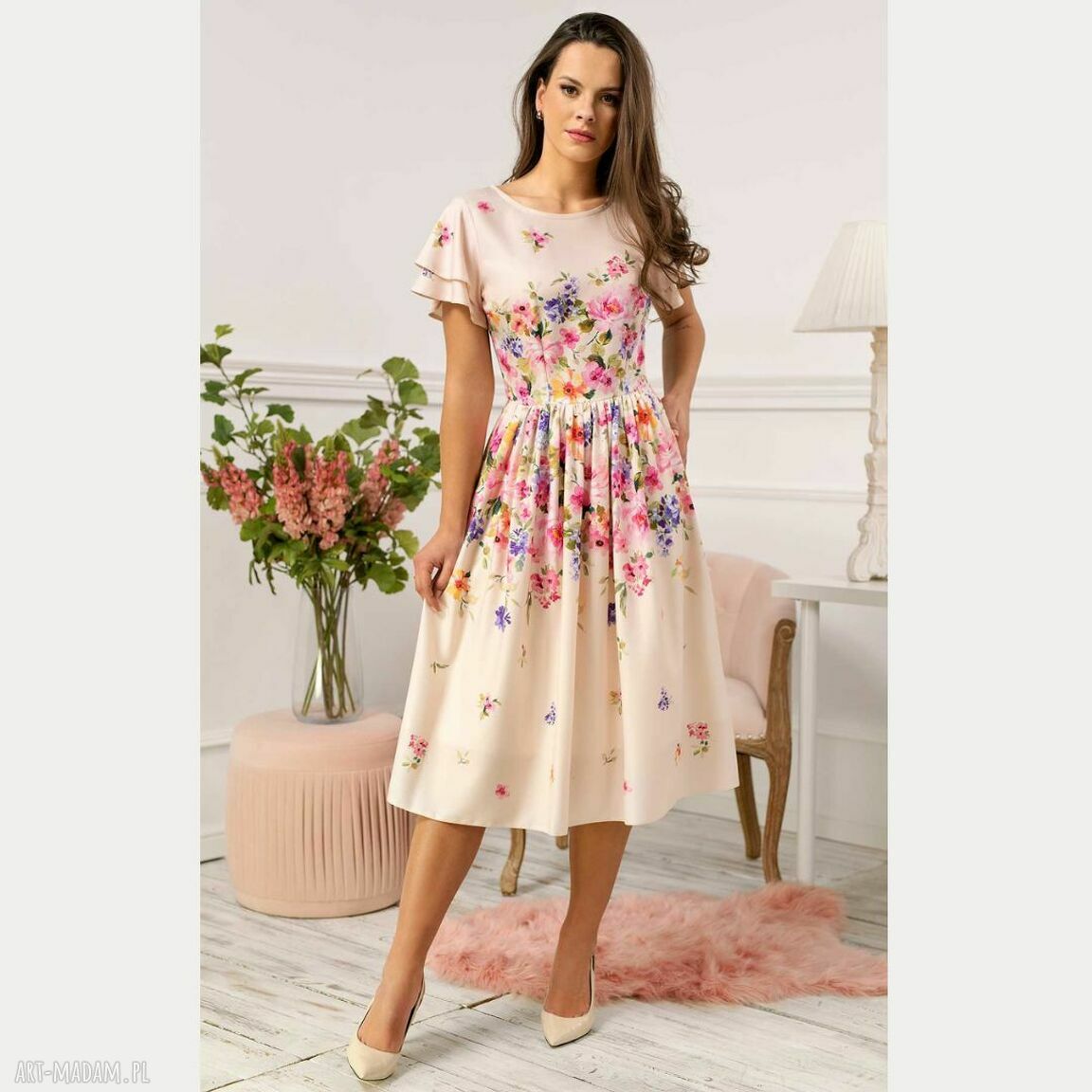 Sukienka midi total irene lavinia beż kolorowa lato elegancka