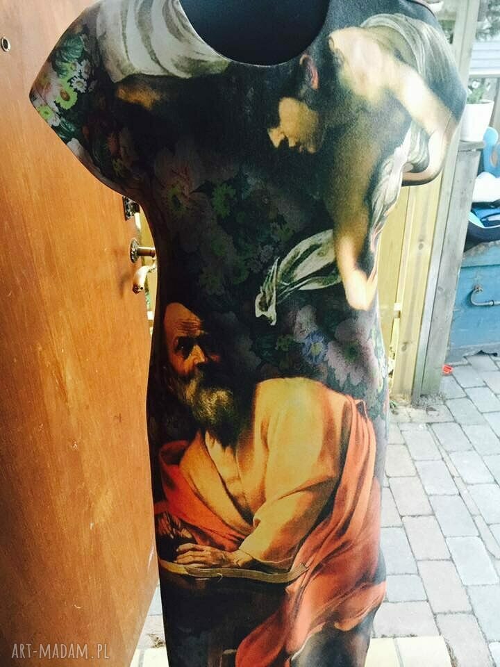 Sukienka z dzianiny, dluga, wzor jak malowany obraz, orginalna