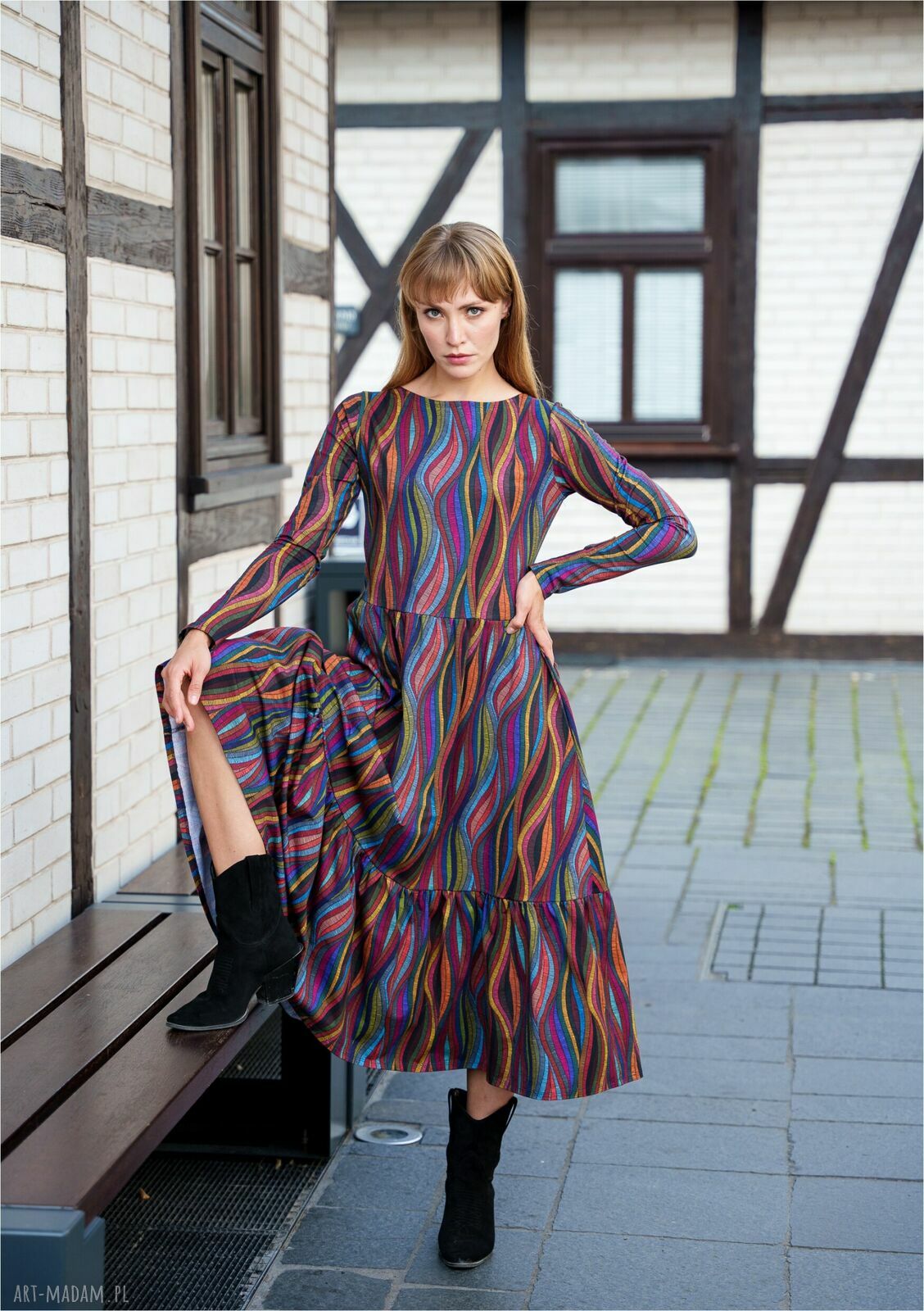 Sukienka z falbaną WENUS - rozkloszowana bawełna cotton print