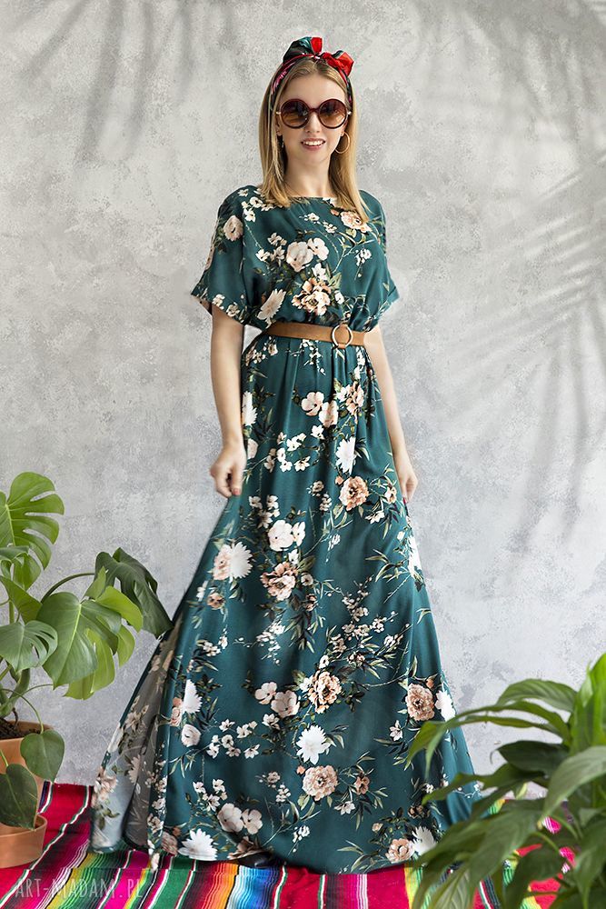 Sukienka zielona maxi w kwiaty