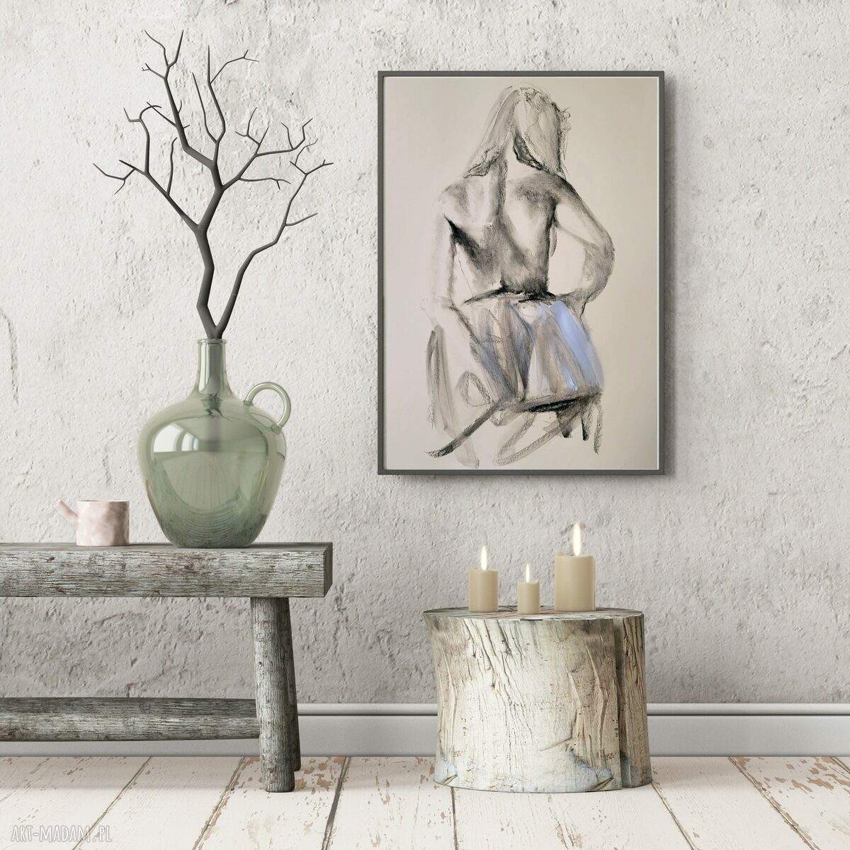 Suknia - zmysłowy szkic kobiety 100x70 cm, węgiel i błękit akrylu