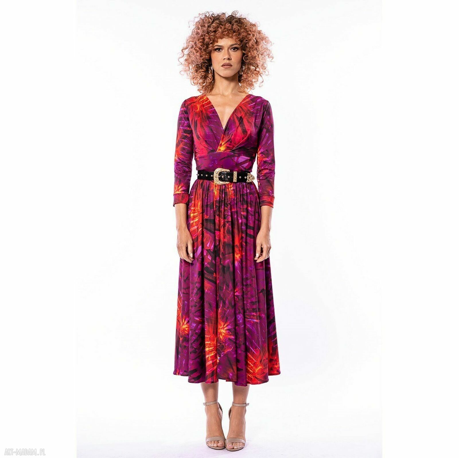 Suknia Amelia Hot Tropical - elegancka sukienka rozkloszowana z autorskim nadrukiem
