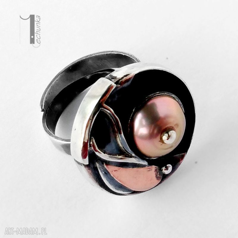 pierścionki: Sunflower srebrny pierścionek z perłą i miedzią Autorskie