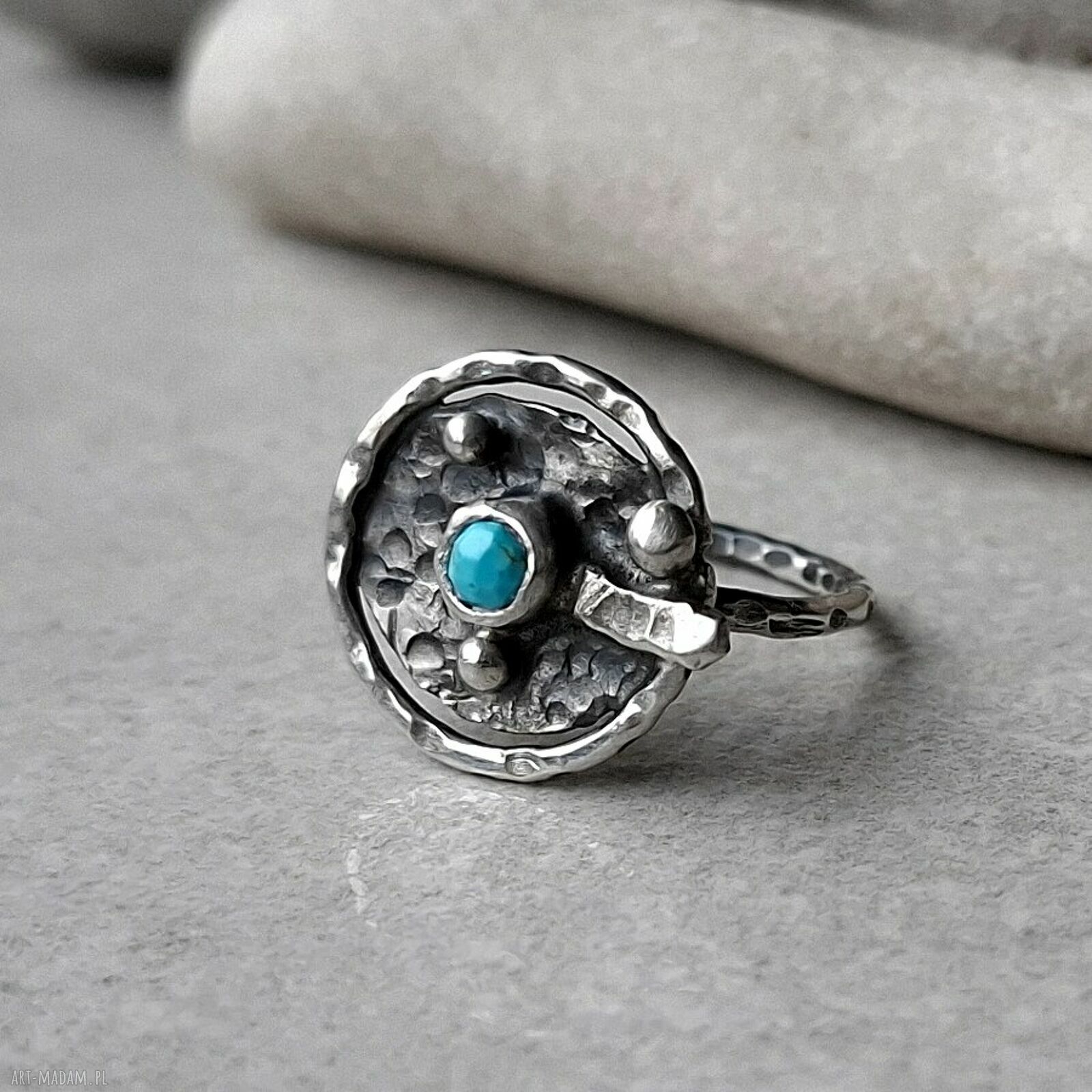 Sunset Ring - srebrny pierścionek z turkusem (oksydowane srebro 925)