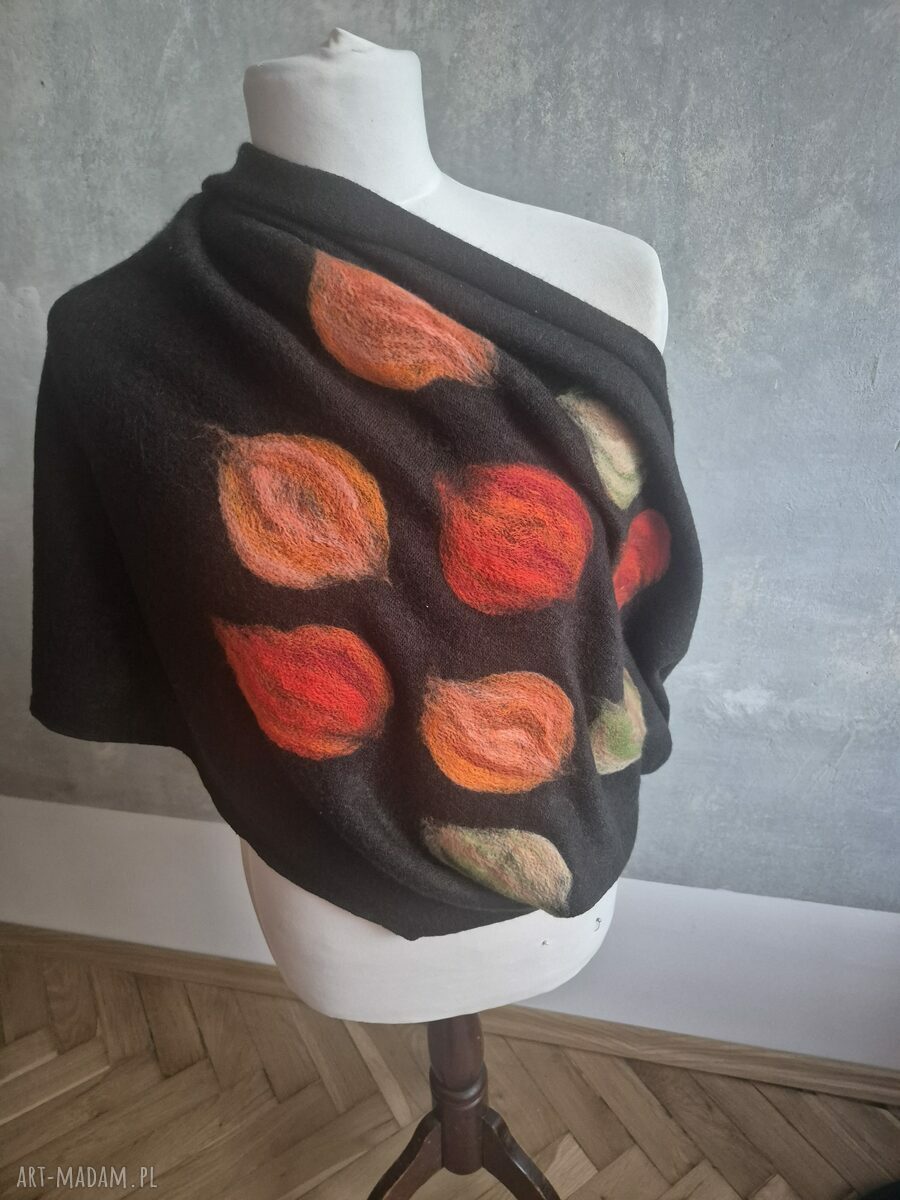 Czarny komin filcowany z wełny merynosów - tuba owijana 2 razy, handmade