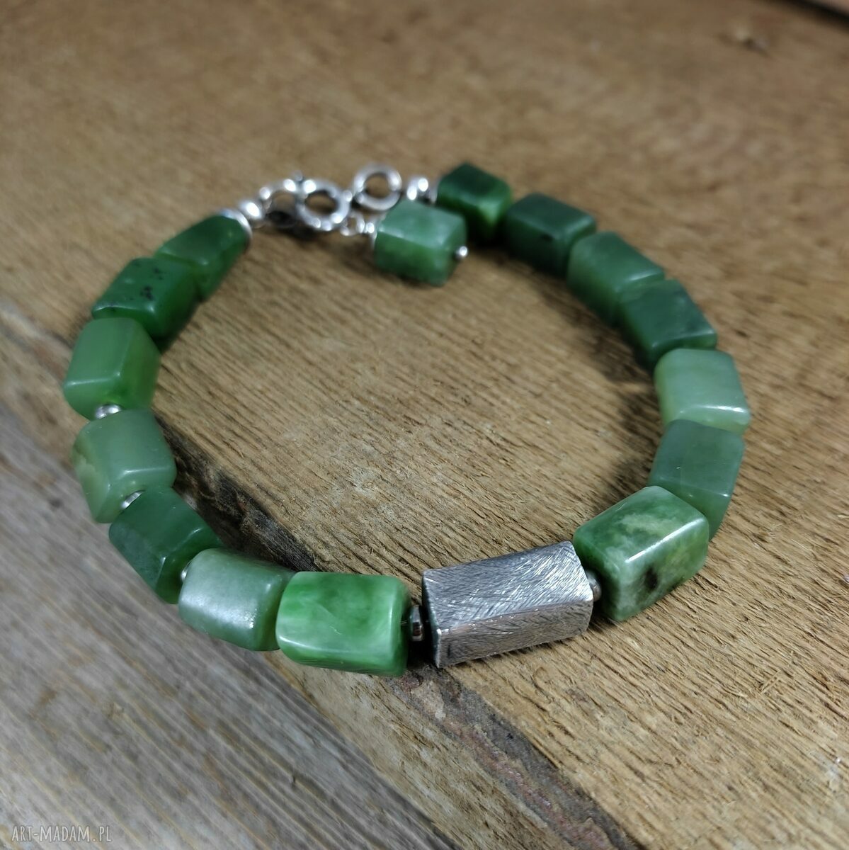 Surowa bransoletka z nefrytu i oksydowanego srebra - handmade dla Ciebie
