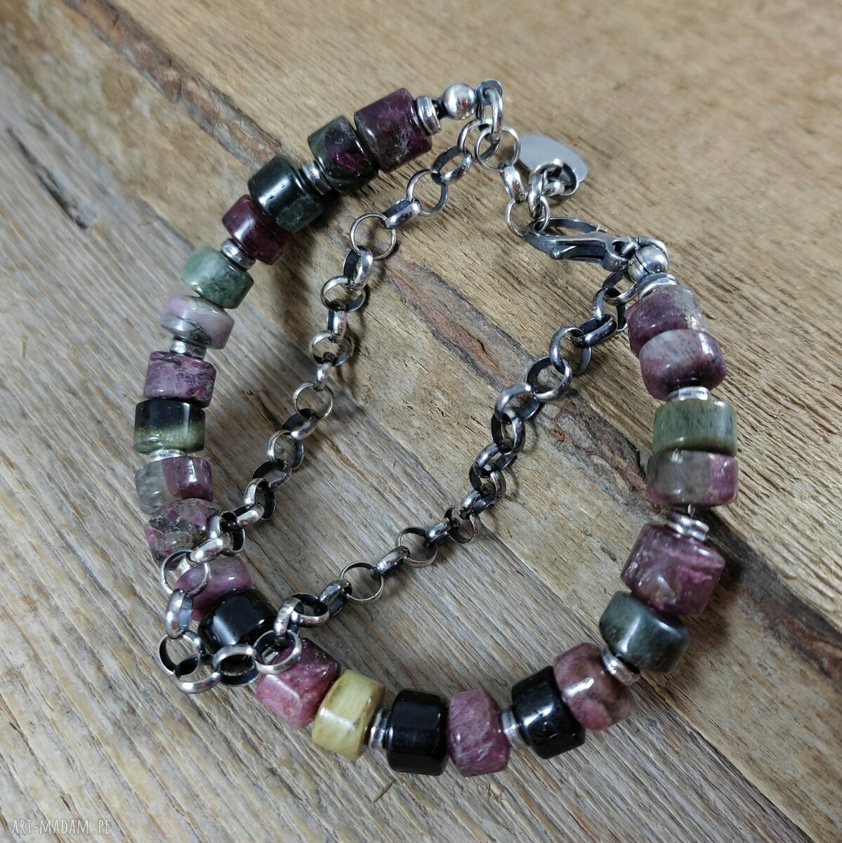 Bransoletka z surowego turmalinu i oksydowanego srebra 925