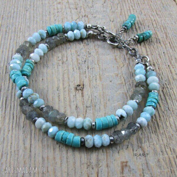 Surowy zestaw bransoletek: turkus, larimar i labradoryt (srebro 925)