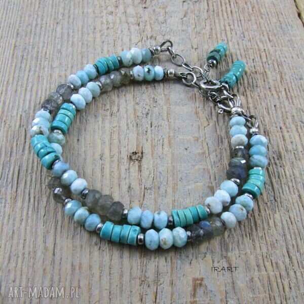 Surowy zestaw bransoletek: turkus, larimar i labradoryt (srebro 925)