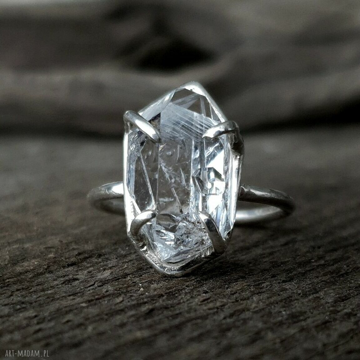 Cristal srebrny pierścionek diamentem herkimer metaloplastyka