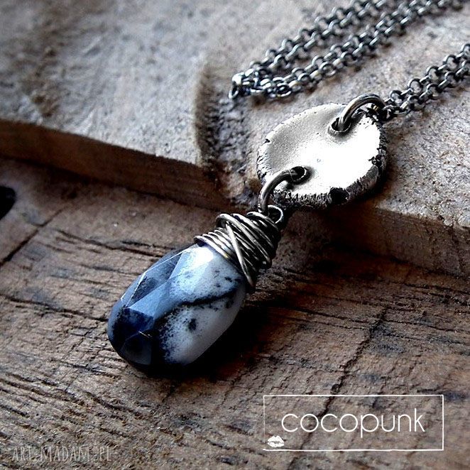 Opal dendrytowy srebro naszyjnik pastylkĄ opalem czarno biały