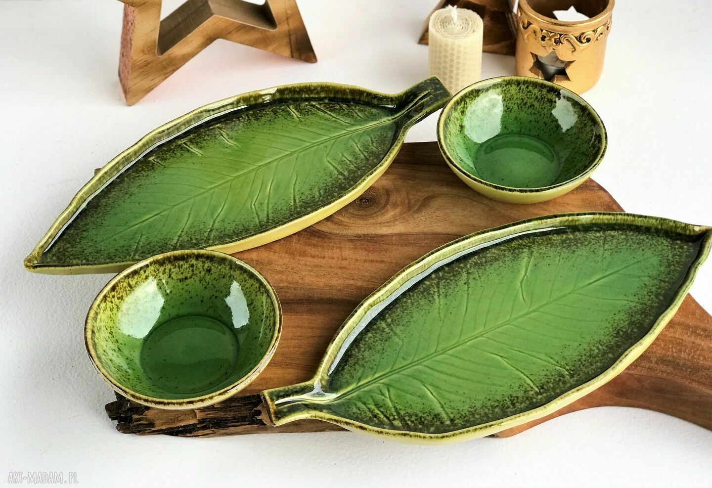 Sushi set dla dwojga - 2 talerze liść i 2 miseczki (ceramika handmade)