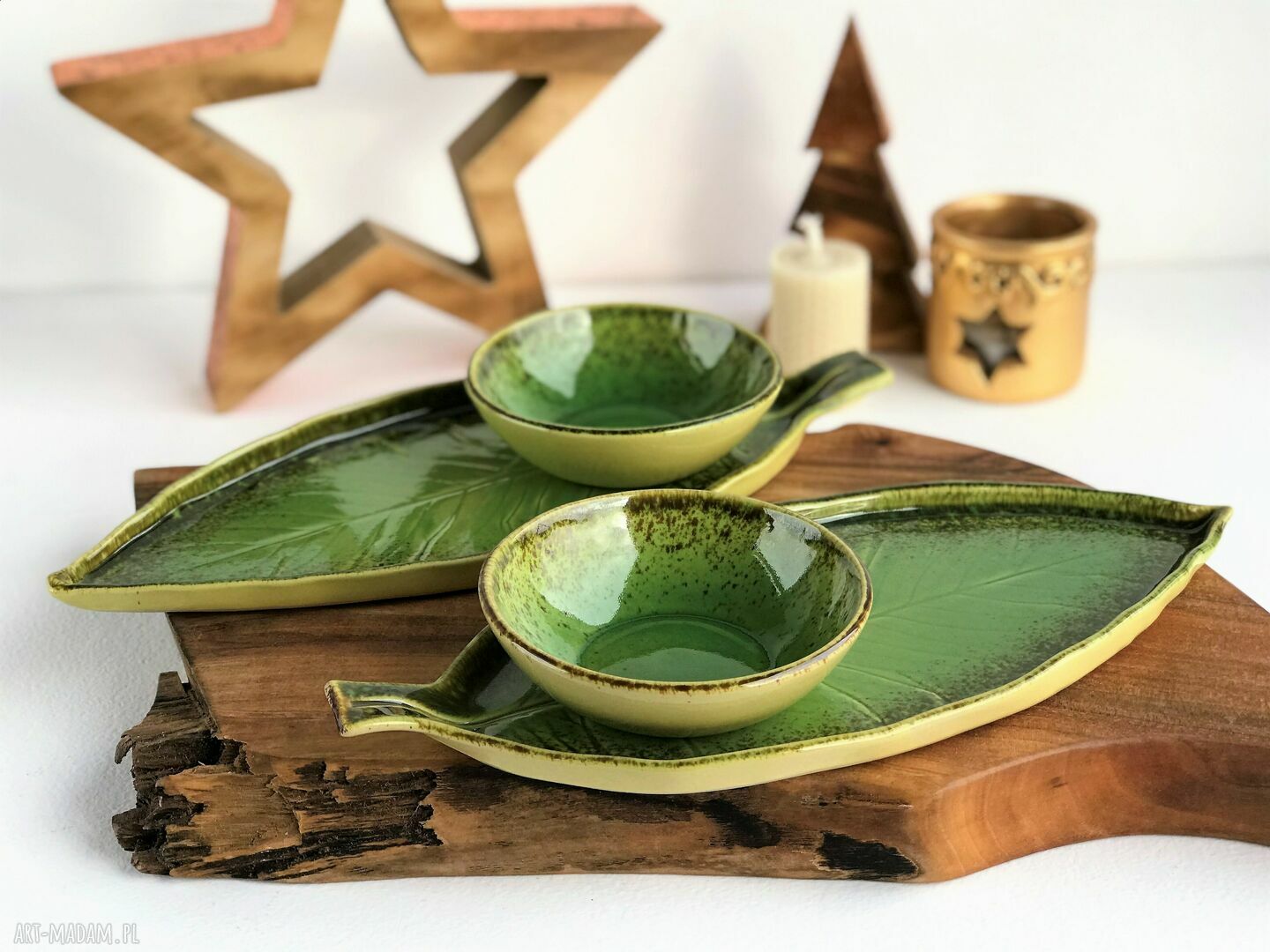 Sushi set dla dwojga - 2 talerze liść i 2 miseczki (ceramika handmade)
