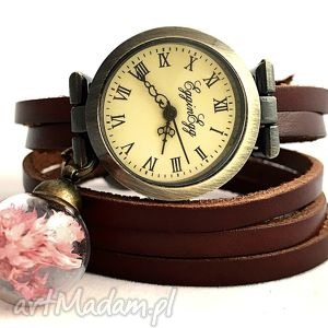 suszone kwiaty - zegarek bransoletka na skórzanym pasku, prezent kulce