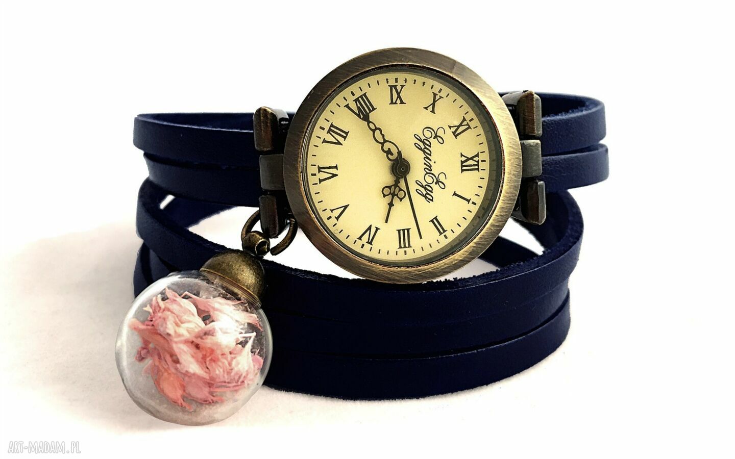 Subtelny róż zegarek bransoletka skórzanym pasku suszone kwiaty