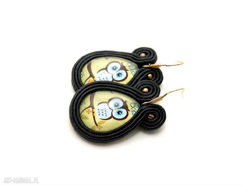 Kolczyki sutasz z sową - soutache i szklany kaboszon
