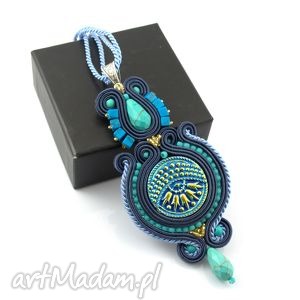 turkusowo-granatowy wisior soutache - turkusowe wisiorki